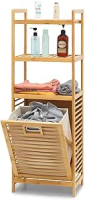 Cesto Bambu de Lavanderia Inclinável com Prateleiras de Armazenamento 3 Camadas, Cesta de Roupas Removível, Armário, Banheiro, Quarto, Natural, Heimon