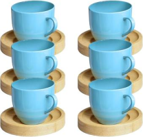 Jogo 6 Xicara Cafe Colorida Porcelana Pires Madeira 95ml – Mundo Da Porcelana (Azul)